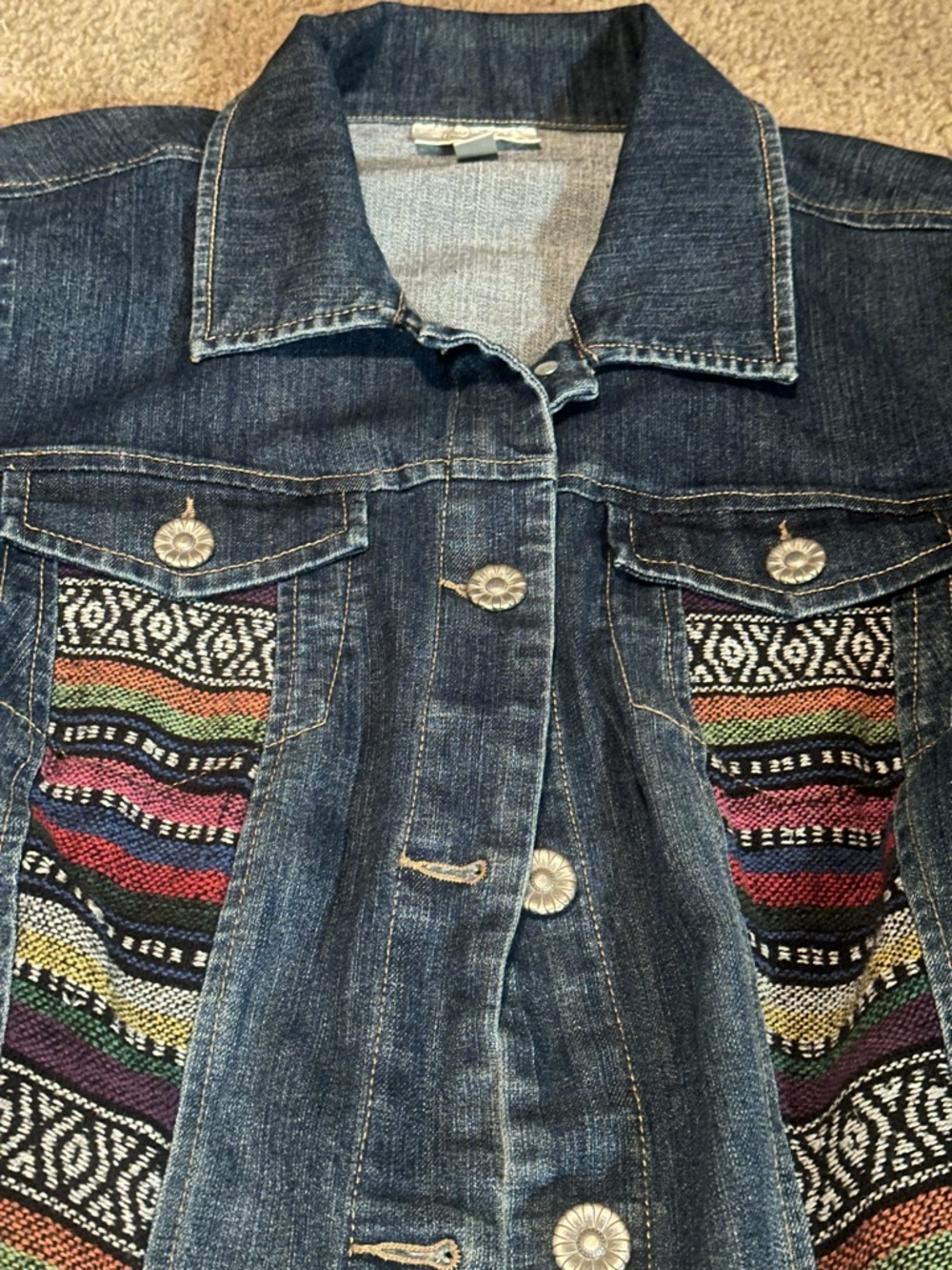 DRESS BARN Denim Southwestern Native  Jacket Multicolor Embroidered Panels 14/16